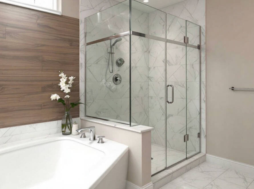 Professional installation of a modern shower door with a contemporary design near Bedford, MA.