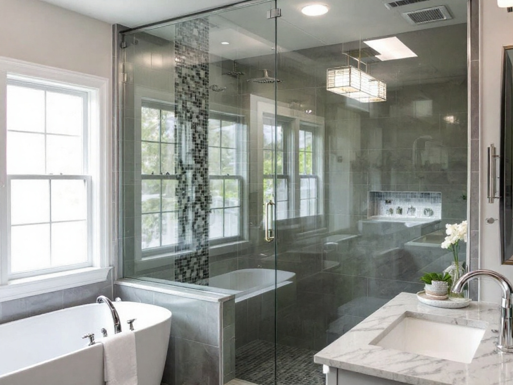 'Professional shower glass installer working in a bathroom near Weston, MA'