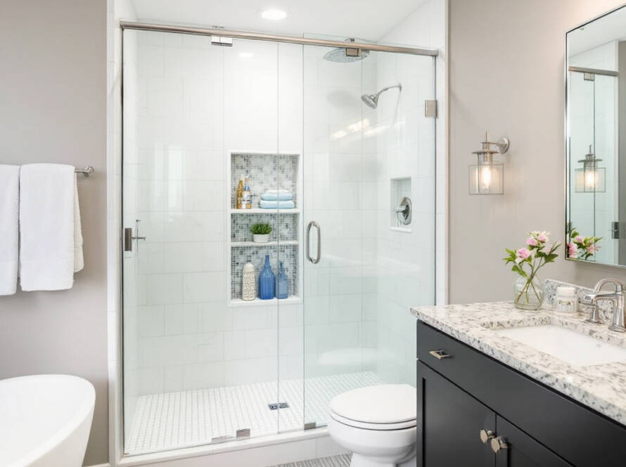 Alt Text: Stunning display of custom frameless glass shower doors with a modern, contemporary theme near Boston, MA.