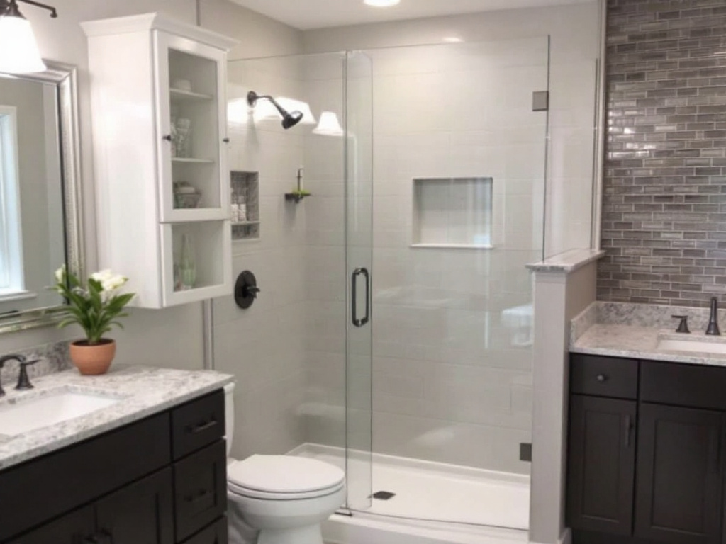 A newly installed frameless glass shower door in a stylish Boston home.