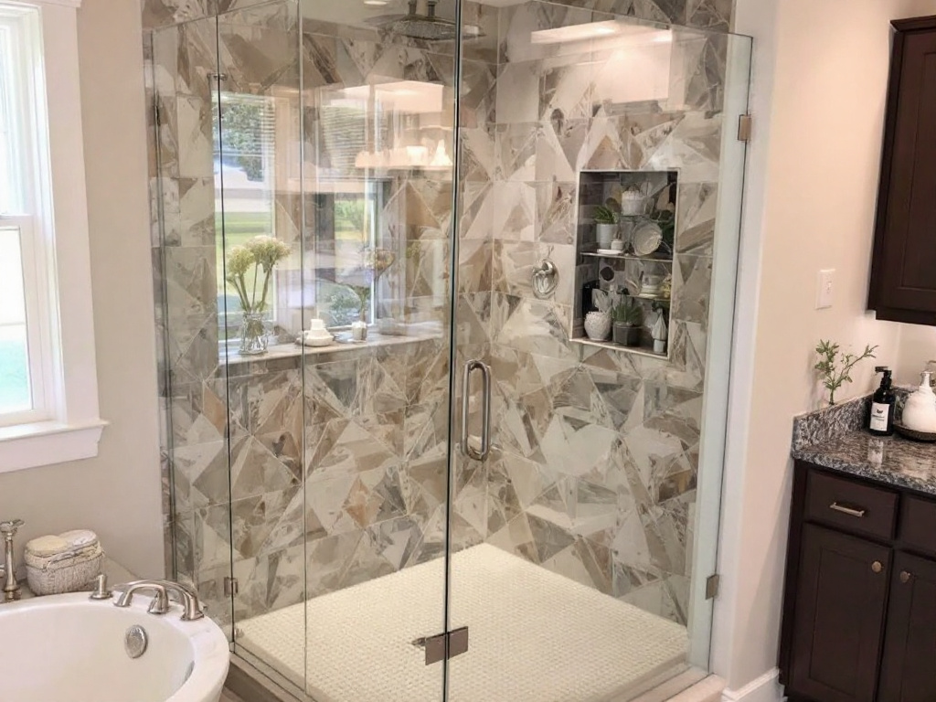 Superior quality shower glass doors showcased near Brookline, MA featuring a modern, contemporary design.