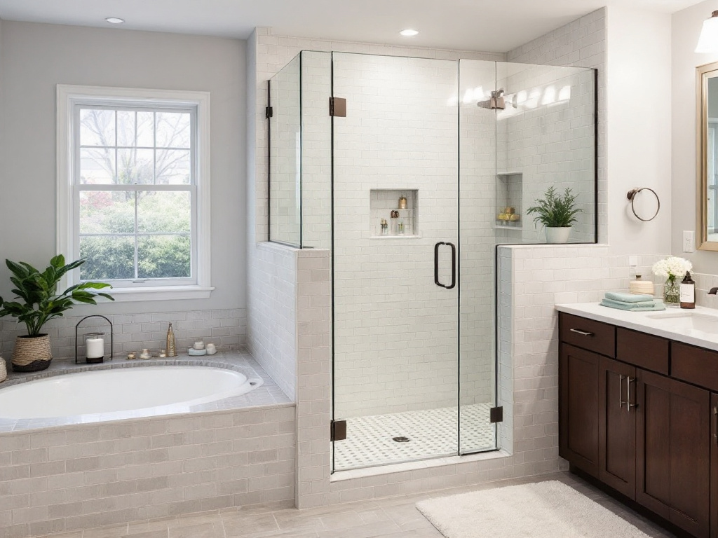 Skillful experts underway installing contemporary designed shower doors near Avon, MA.