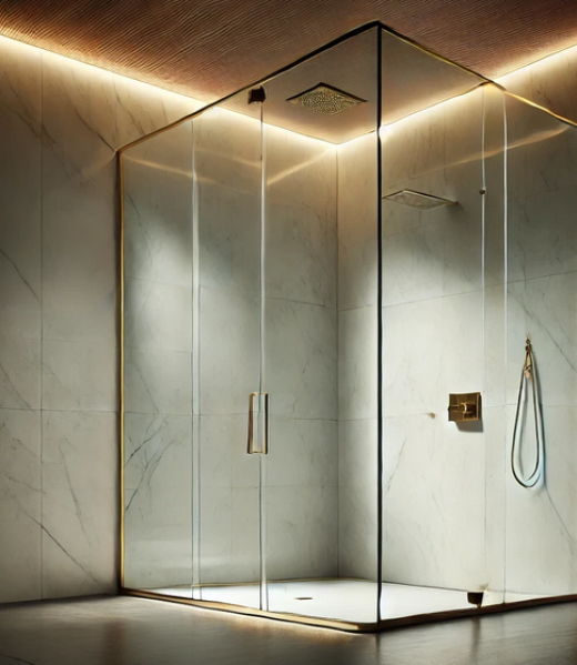 A sleek frameless glass shower enclosure with minimal gold hardware in a sophisticated marble bathroom. This design showcases the simplicity and elegance of Deluxe Shower Doors' custom solutions.